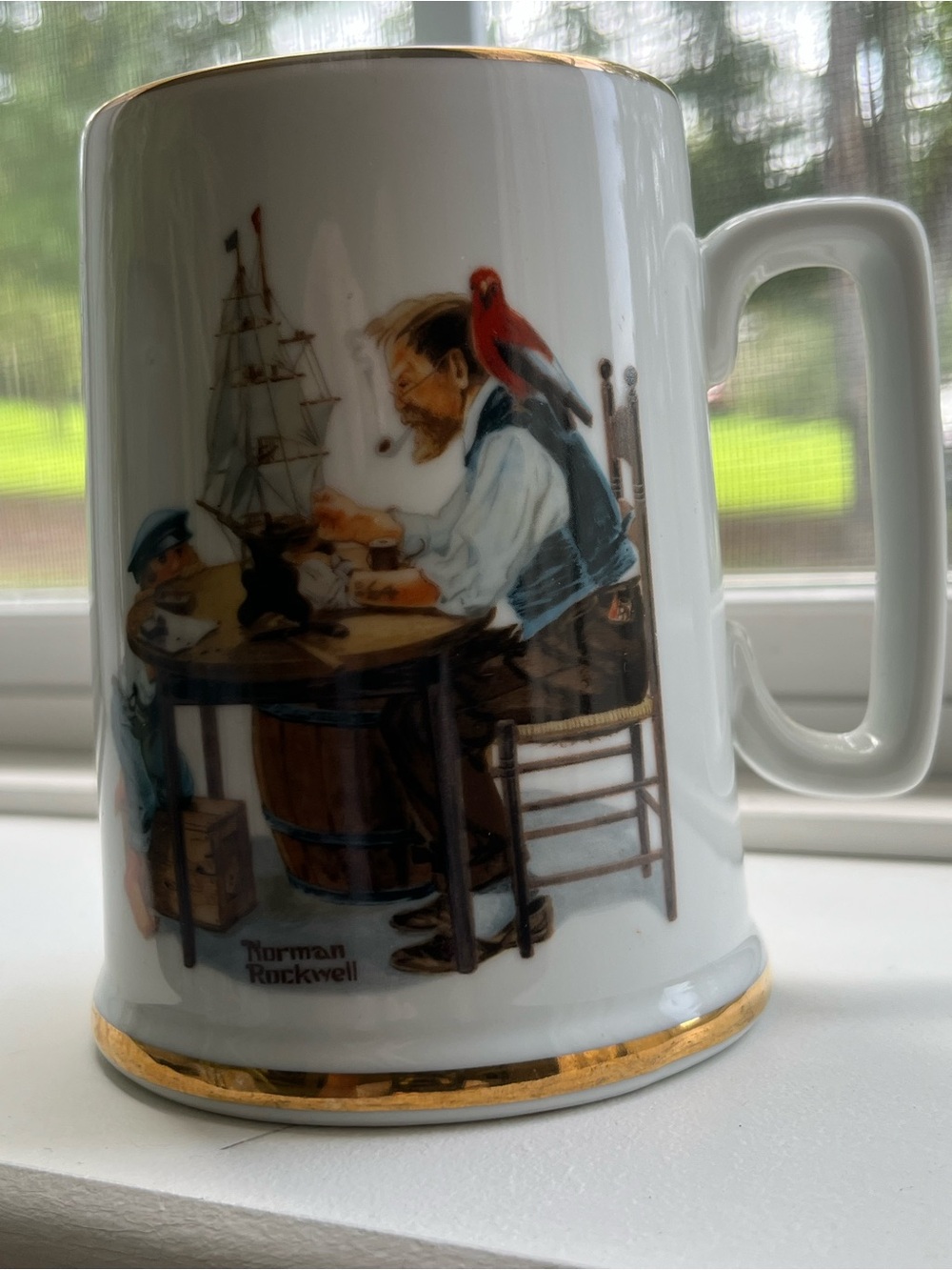 Norman Rockwell White Mug with Gold Trim and Colorful Illustration